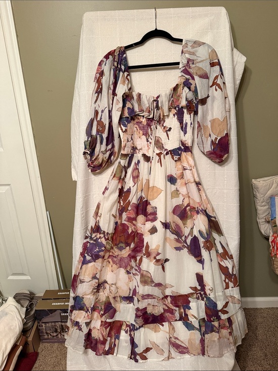 fate Dresses & Skirts - Fate Cream Midi Dress with Purple & Brown Floral Print